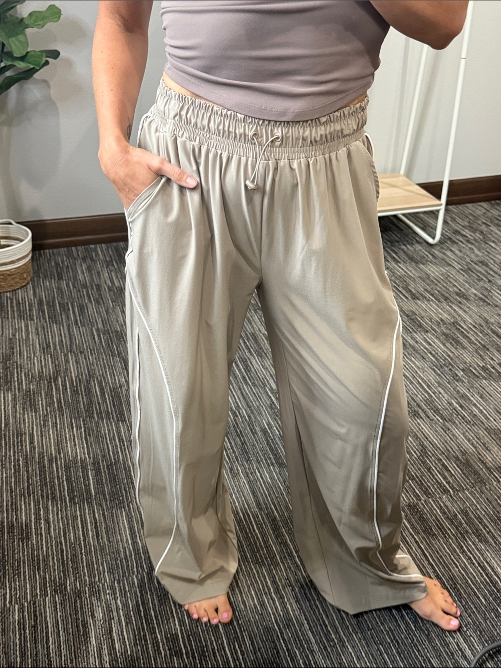 Mono B Taupe Wide-Leg Drawstring Pants with Piping